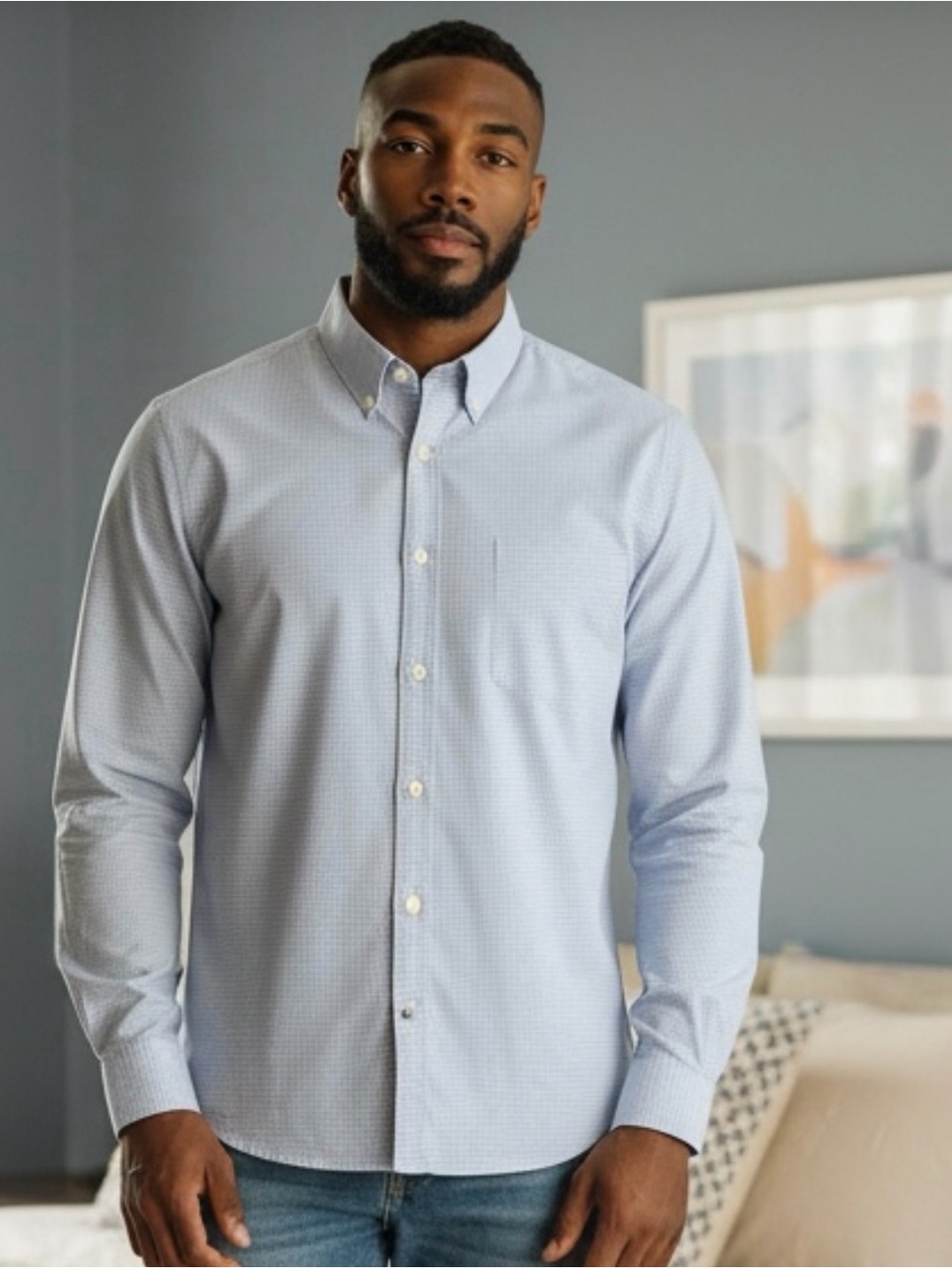 Van Heusen Light Blue Micro-Check Button-Down Shirt